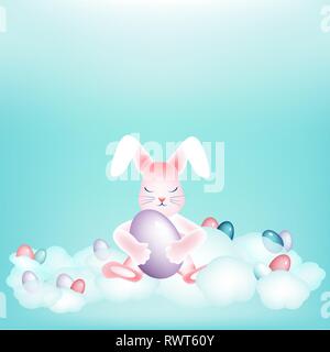 Easter bunny with colorful eggs napping on the clouds Copy space Stock Vector