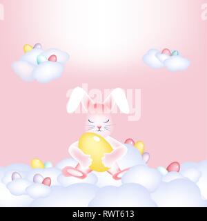 Easter bunny with colorful eggs napping on the clouds Copy space Stock Vector