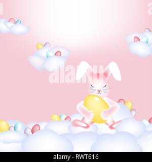Easter bunny with colorful eggs napping on the clouds Copy space Stock Vector