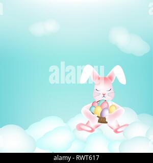 Easter bunny with a basket of colorful eggs napping on the clouds Copy space Stock Vector