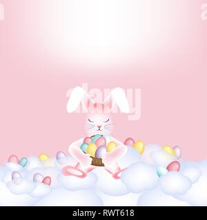 Easter bunny with a basket of colorful eggs napping on the clouds Stock Vector