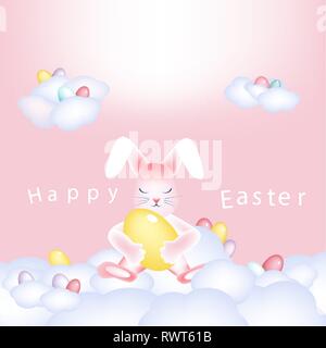 Easter bunny with a basket of colorful eggs napping on the clouds Inscription Happy Easter Stock Vector