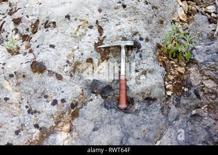 Geological hammer on the rock Stock Photo