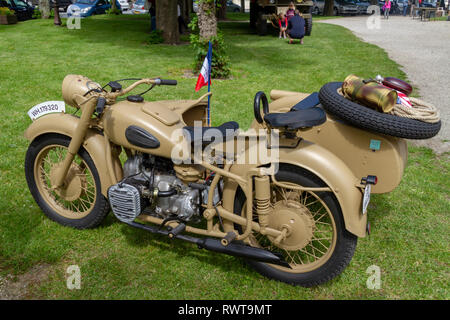 German World War Two motorcycle with sidecar (Bmw R75) in Sainte-Marie-du-Mont, Normandy, Manche, France, in June 2014. Stock Photo