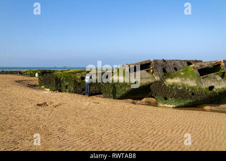 'Beetle' pontoons, part of the Mulberry Harbour, stranded on the beach ...