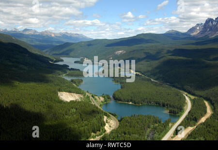 aerial, Yellowhead Lake, railway, highway, Lucerne, BC Stock Photo