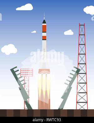 Start rocket from the spaceport. Launch raekty in space. Vector illustration Stock Vector