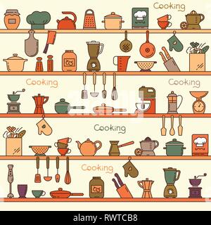Seamless pattern with kitchen shelves full of various kitchen items and tools from colorful icons made in a flat style. Stock Vector