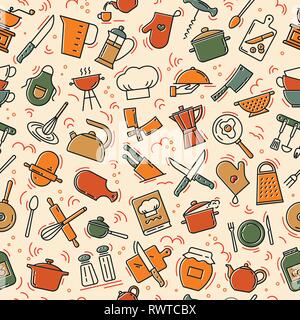 The seamless pattern on the kitchen theme with a variety of kitchen items. Stock Vector