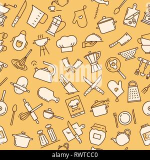 The seamless pattern on the kitchen theme with a variety of kitchen items. Background for menu design, kitchen items, and other things. Stock Vector