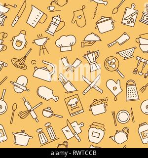 The seamless pattern on the kitchen theme with a variety of kitchen items. Stock Vector