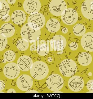 An original seamless pattern on the kitchen theme with a variety of kitchen items. Stock Vector