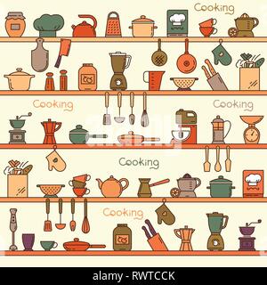 Seamless pattern with kitchen shelves full of various kitchen items and tools. Stock Vector