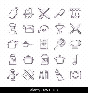 Set of clean icons featuring various kitchen utensils and cooking related objects. Stock Vector