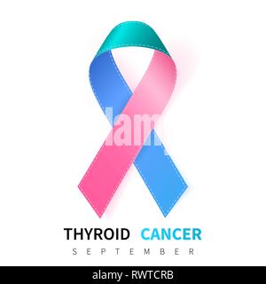 Thyroid Cancer Awareness Month. Realistic Teal Pink Blue ribbon symbol. Medical Design. Vector illustration. Stock Vector