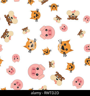 Seamless pattern of pig and dog cat heads.  illustration in cartoon style. Stock Photo