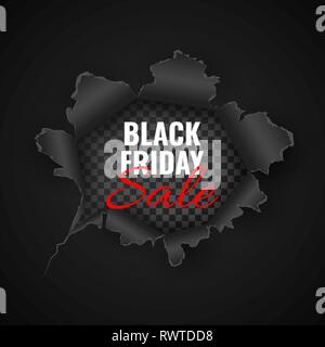 Black Friday sale background. Hole in black paper. Vector illustration. Stock Vector