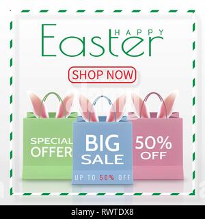 Happy Easter Sale. Realistic Paper shopping bag with handles isolated on white background. Vector illustration. Stock Vector