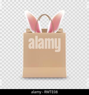 Happy Easter Sale. Realistic Paper shopping bag with handles isolated on transparent background. Vector illustration. Stock Vector
