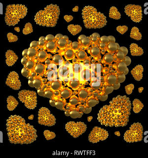 Gold metal hearts made of spheres with reflections isolated on black background. Happy valentines day 3d illustration Stock Photo