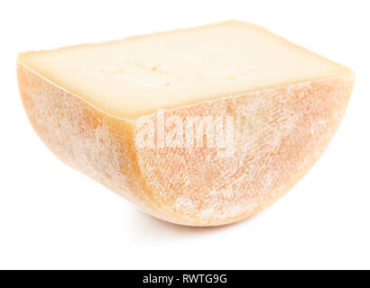 Half of head (Wheel) of natural hard cheese isolated on white background. Stock Photo