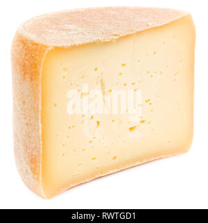 Half of head (Wheel) of natural hard cheese isolated on white background. Stock Photo