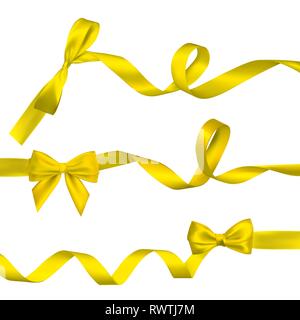 Set of Realistic yellow bow with long curled yellow ribbon. Element for decoration gifts, greetings, holidays, Valentines Day design. Vector illustrat Stock Vector