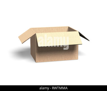 Opened cardboard box, isolated on white background, side view, 3D illustration. Stock Photo