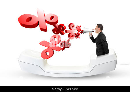Man using megaphone yelling with 3D percentage marks spraying out, in the telephone handset, isolated on white. Stock Photo