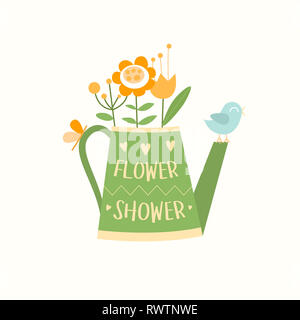 Watering can with flowers, bird and butterfly, flower shop logotype vector template, logo design Stock Photo