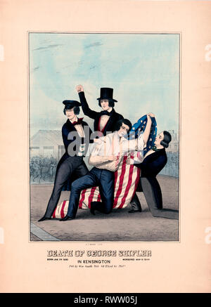 Print shows three men attending to George Shifler as he falls, mortally wounded, during riots in the Kensington district of Philadelphia, on May 6, 1844. He is holding an American flag. Stock Photo