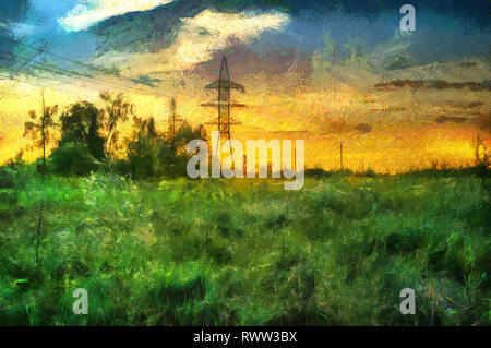 oil painting abstract sunset in a field in the countryside Stock Photo