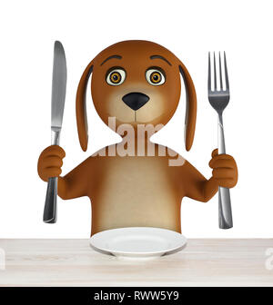Hungry cartoon dog with empty bowl holds a knife and fork. isolated on white background. 3d render Stock Photo