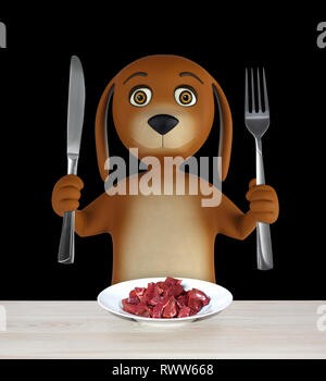 Cartoon dog with bowl of meat holds a knife and fork. isolated on black background. 3d render Stock Photo