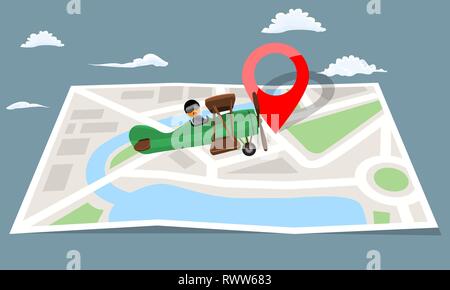 Retro vintage plane flying over folded city map paper and red pin. Flat vector illustration. Stock Vector