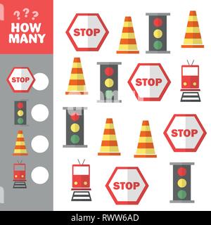 Exercises for children. Developing skills for counting. Count game - road signs. Vector image. Stock Vector
