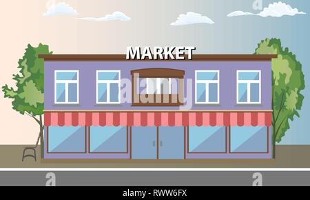 Supermarket building, shopping market with front view. Vector illustration. Stock Vector