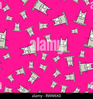 Seamless pattern of cats in cartoon style. On color background, vector illustration. Stock Vector