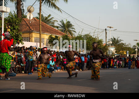 Bissau, Republic of Guinea-Bissau - February 12, 2018: Group of boys performing during the Carnival Celebrations in the city of Bisssau. Stock Photo