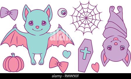 Cute cartoon vector collection set with pastel colored Halloween bats, spiderweb, pumpkin, coffin, hearts, eyeball and ribbon Stock Vector