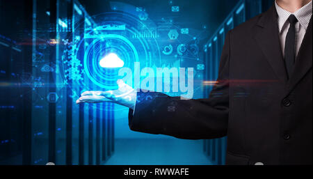 Man holding hologram projection displaying biometric security concept  Stock Photo