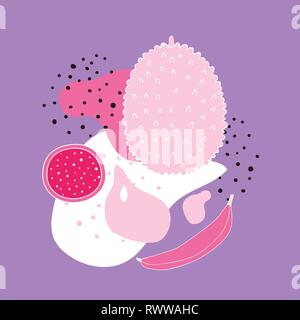 Exotic fruits Jackfruit Dragon fruit Pitahaya Banana in Pink Black white colors Stock Vector