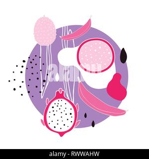 Exotic fruits Jackfruit Dragonfruit Pitahaya Banana Colorful modern unique fun objects in pink purple color Stock Vector