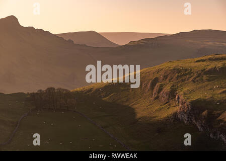 Sunset on Parkhouse Hill and Chrome Hill from Hitter Hill in the Peak District National Park. Stock Photo