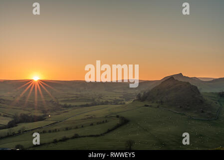 Sunset on Parkhouse Hill and Chrome Hill from Hitter Hill in the Peak District National Park. Stock Photo