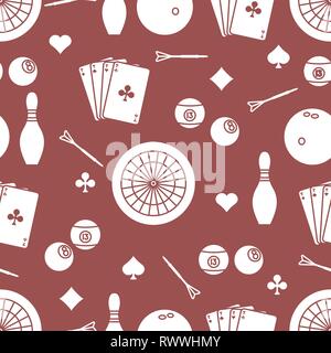 Seamless pattern with bowling pins and bowls, target and arrows for darts, playing cards, billiard balls. Sports background. Design for banner, poster Stock Vector