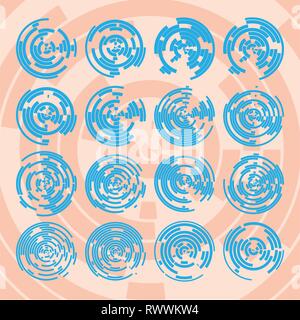 Abstract hightech blue collection set of 16 radars, Technology circle background. eps 10 Stock Vector