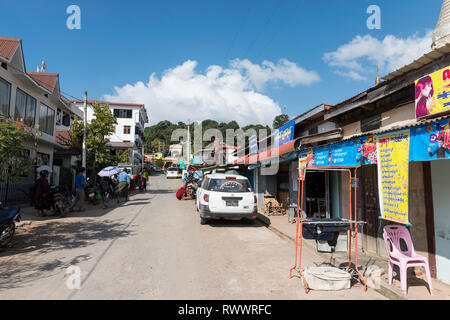 KALAW, MYANMAR - 25 NOVEMBER, 2018: Horizontal picture of ordinary street with stores and cars in the center of Kalaw, Myanmar