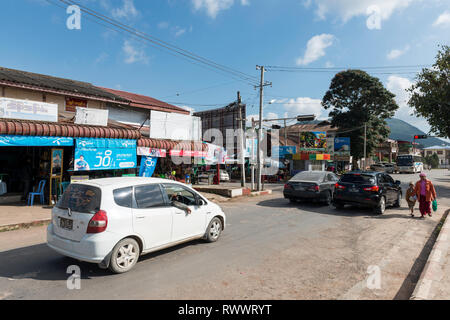 KALAW, MYANMAR - 25 NOVEMBER, 2018: Horizontal picture of cars waiting the red light in Kalaw, Myanmar