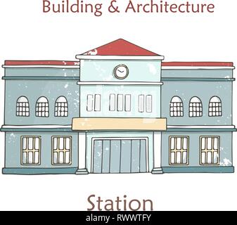 Vector railway station icon. Cartoon illustration in retro style with grunge textures and rust effect. Hand drawn clip art on white background. Stock Vector